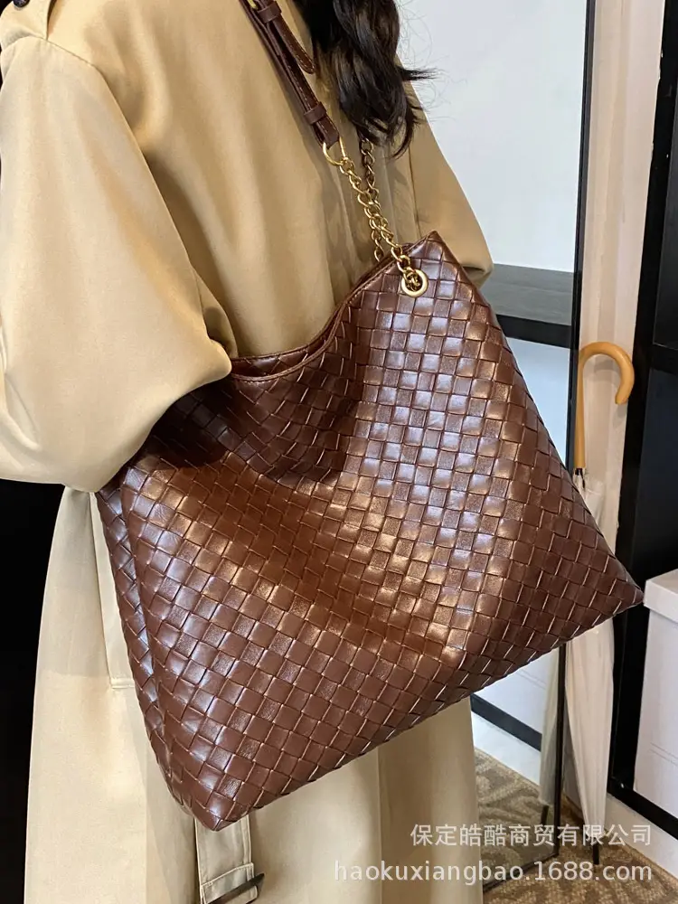 Women Woven Tote Bag Brown Large Capacity Shoulder Bag
