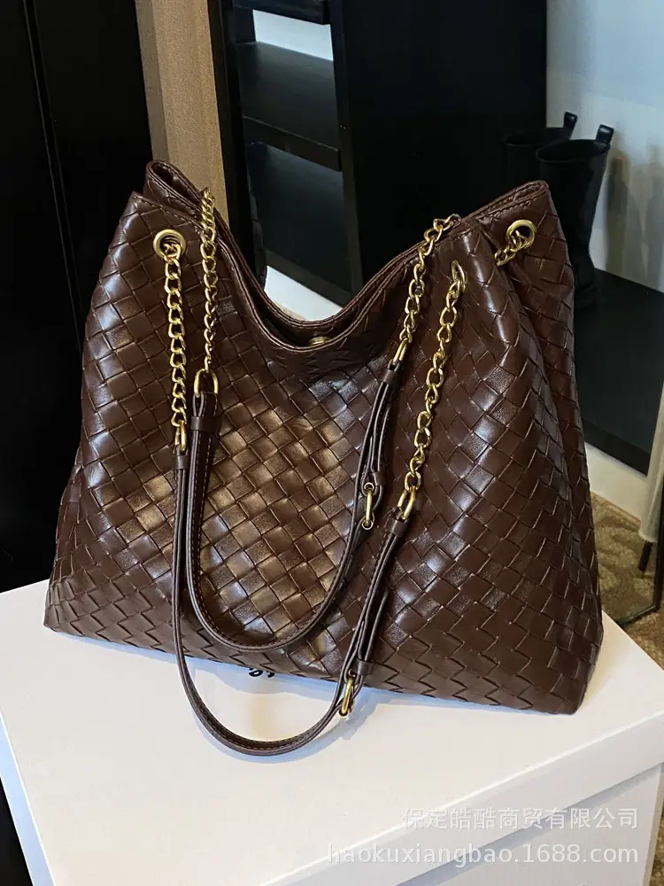 Women Woven Tote Bag Brown Large Capacity Shoulder Bag