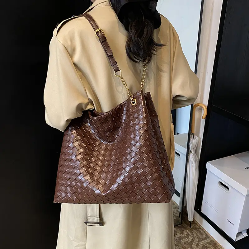 Women Woven Tote Bag Brown Large Capacity Shoulder Bag