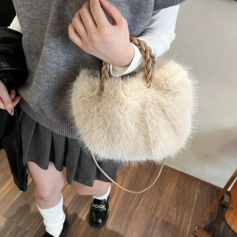 Women Furry Crossbody Bag Black 2023 Winter - Image 6