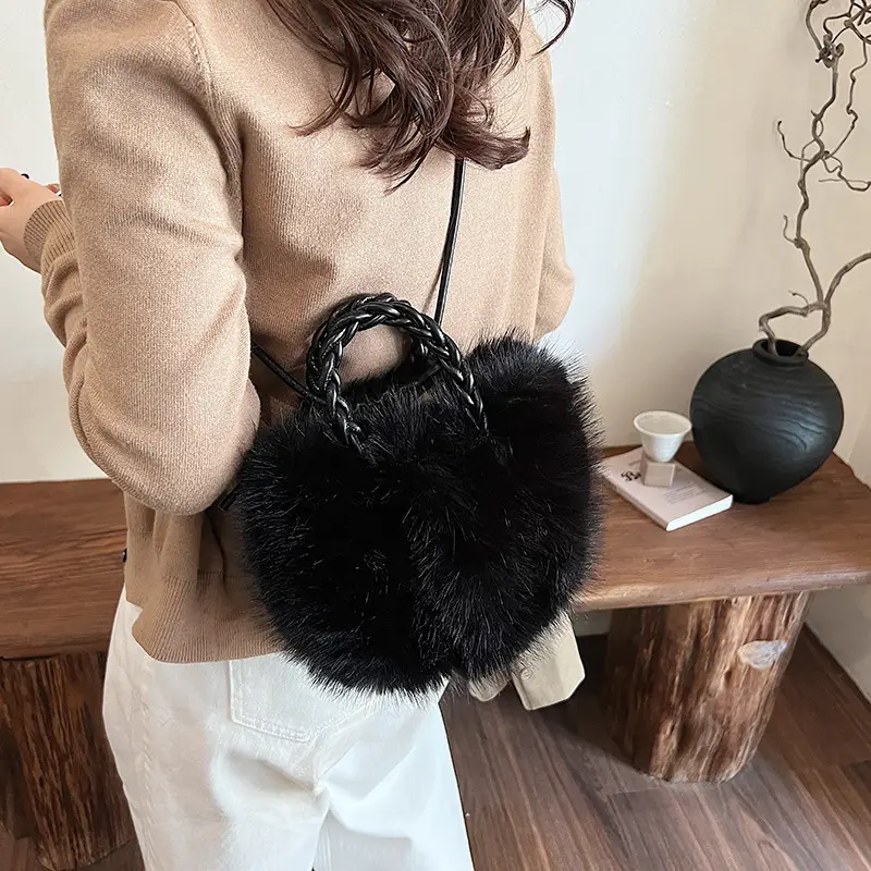 Women Furry Crossbody Bag Black 2023 Winter - Image 3