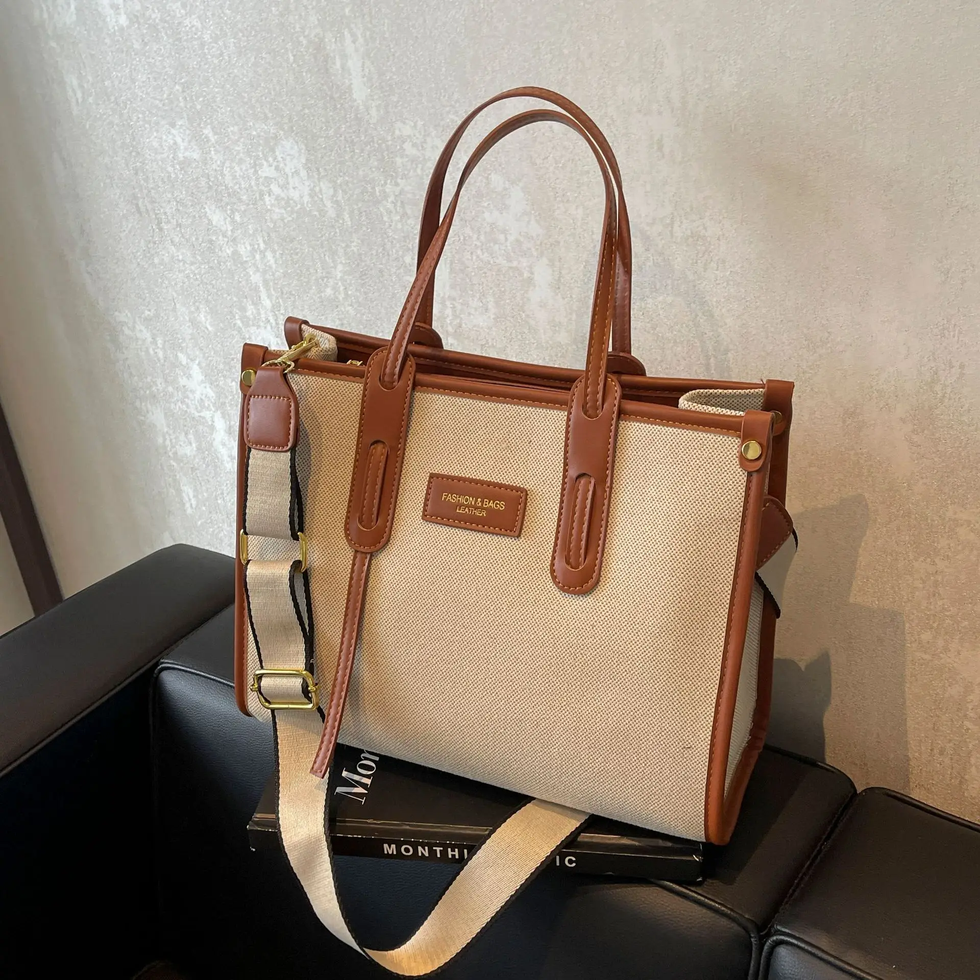 Women's Large Canvas Shoulder Crossbody Bag Beige Black