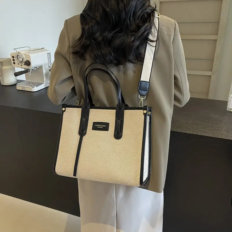 Women's Large Canvas Shoulder Crossbody Bag Beige Black