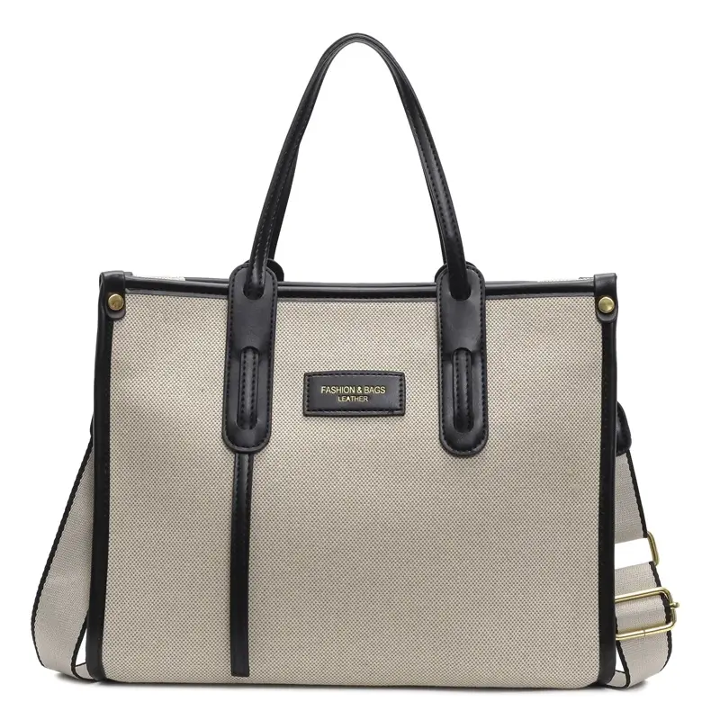 Women's Large Canvas Shoulder Crossbody Bag Beige Black