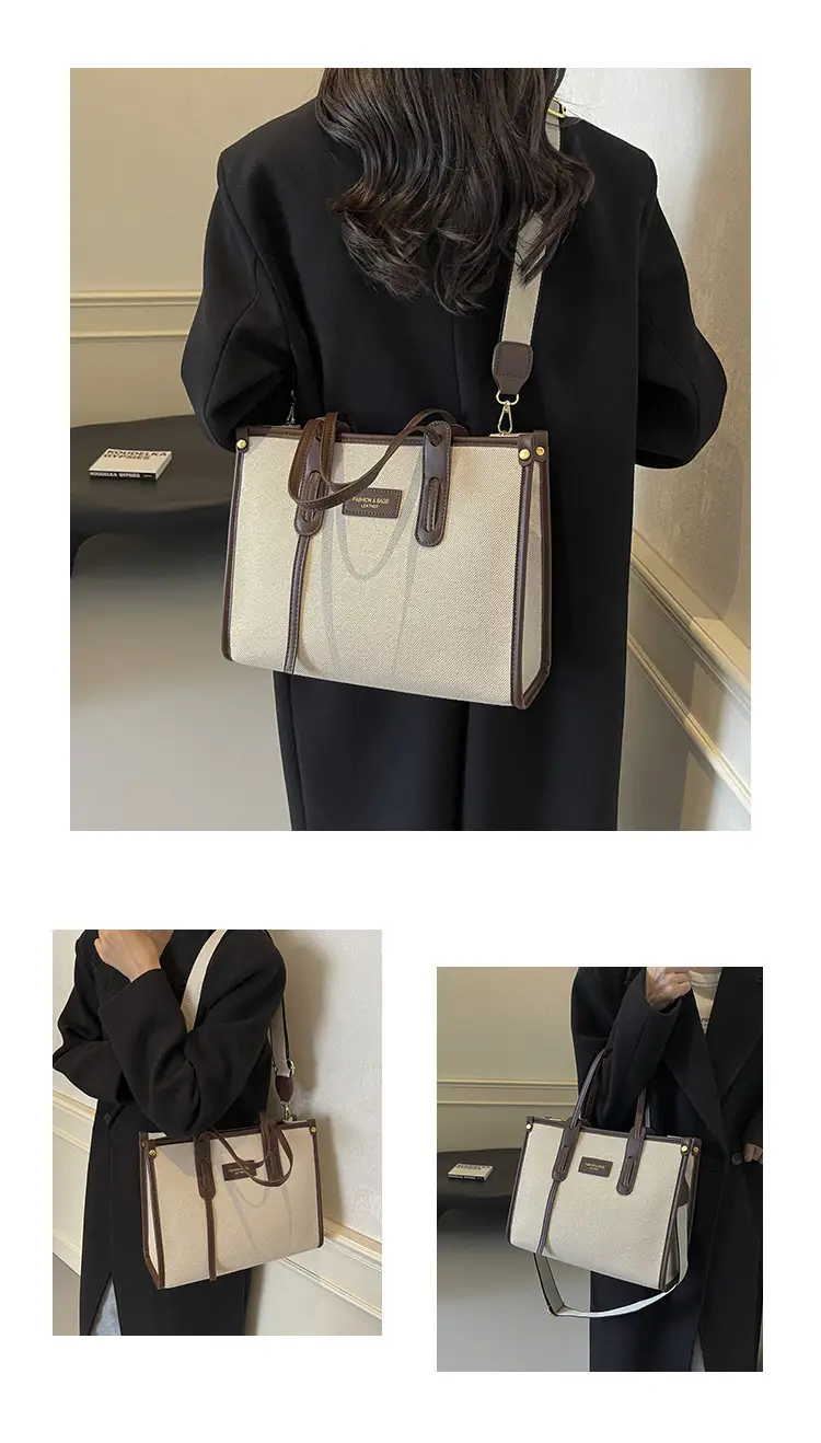 Women's Large Canvas Shoulder Crossbody Bag Beige Black — feature 12