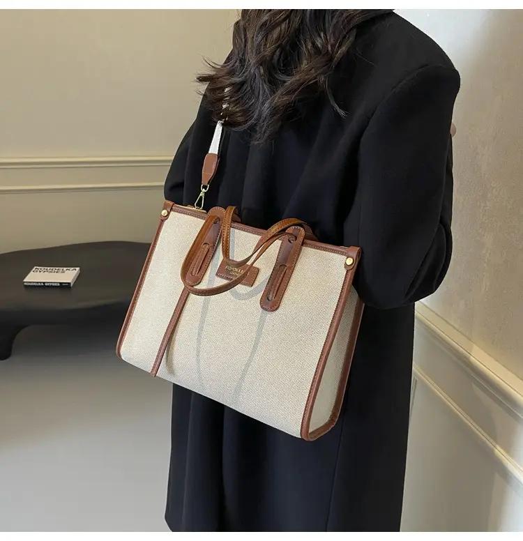 Women's Large Canvas Shoulder Crossbody Bag Beige Black — feature 15