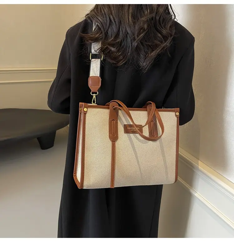 Women's Large Canvas Shoulder Crossbody Bag Beige Black — feature 16