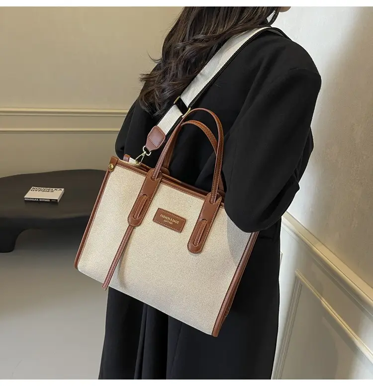 Women's Large Canvas Shoulder Crossbody Bag Beige Black — feature 18