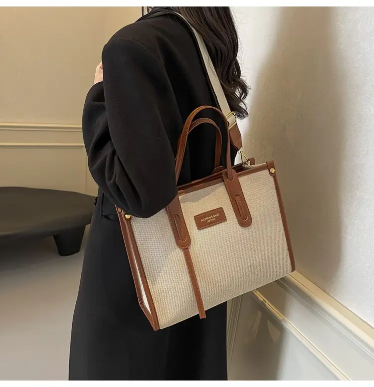 Women's Large Canvas Shoulder Crossbody Bag Beige Black — feature 20