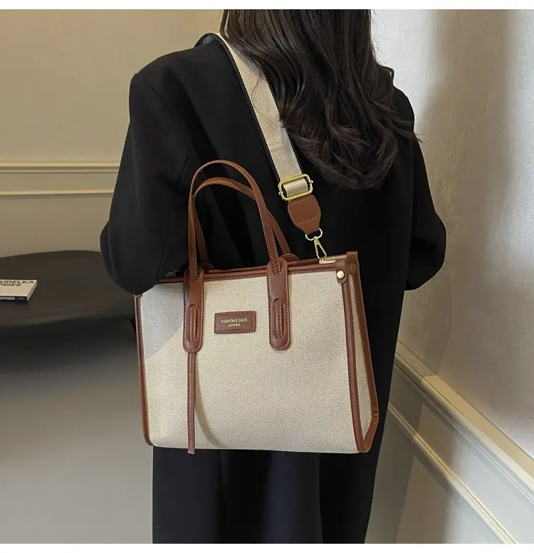 Women's Large Canvas Shoulder Crossbody Bag Beige Black — feature 21