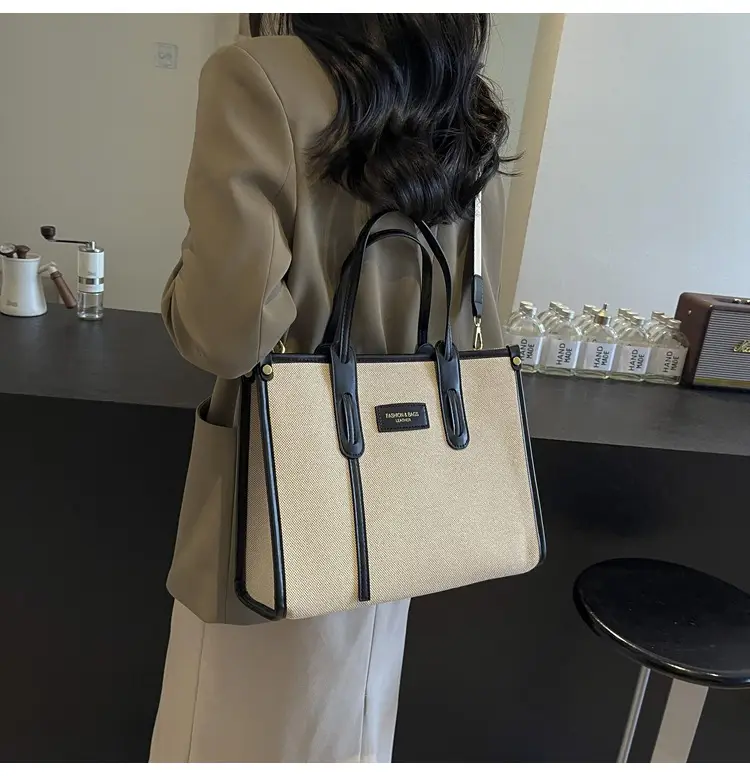 Women's Large Canvas Shoulder Crossbody Bag Beige Black — feature 22