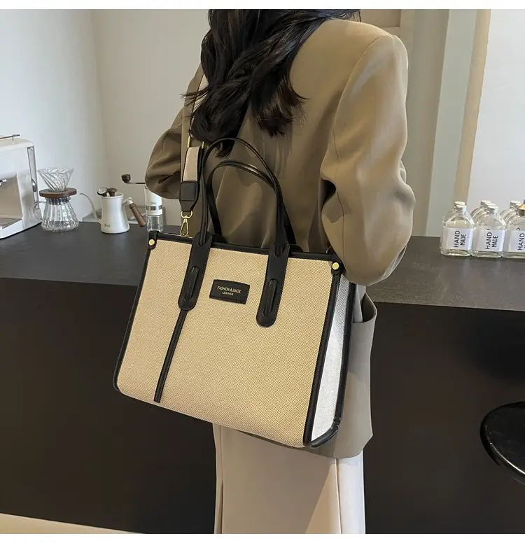 Women's Large Canvas Shoulder Crossbody Bag Beige Black — feature 23