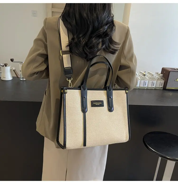 Women's Large Canvas Shoulder Crossbody Bag Beige Black — feature 24