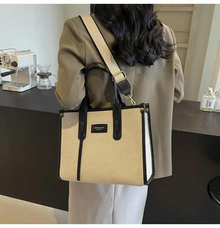 Women's Large Canvas Shoulder Crossbody Bag Beige Black — feature 26