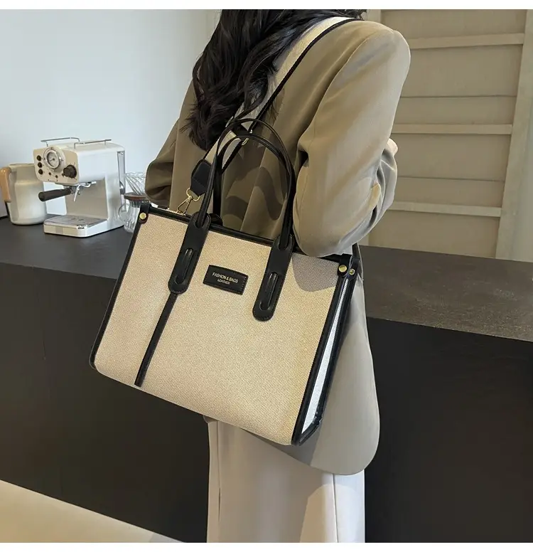 Women's Large Canvas Shoulder Crossbody Bag Beige Black — feature 27
