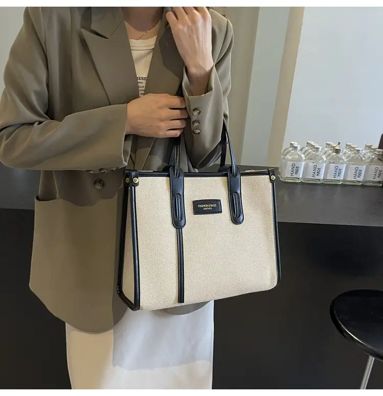 Women's Large Canvas Shoulder Crossbody Bag Beige Black — feature 28
