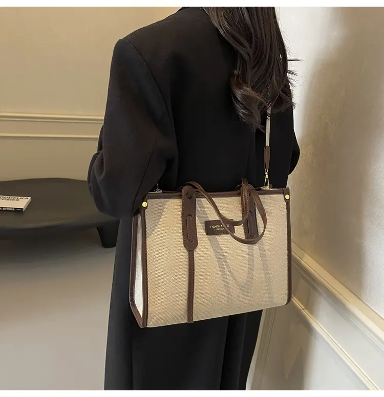 Women's Large Canvas Shoulder Crossbody Bag Beige Black — feature 30