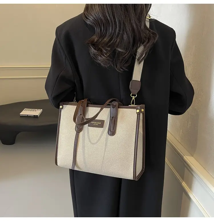 Women's Large Canvas Shoulder Crossbody Bag Beige Black — feature 31