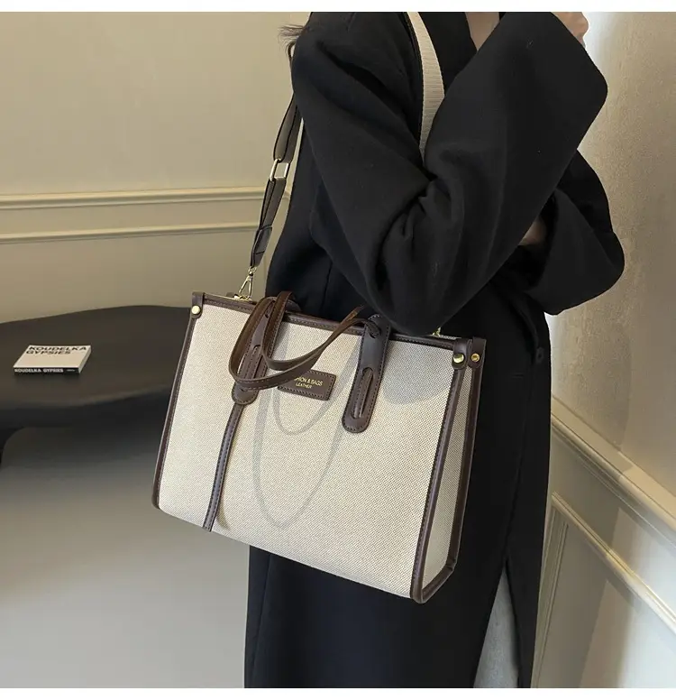 Women's Large Canvas Shoulder Crossbody Bag Beige Black — feature 32