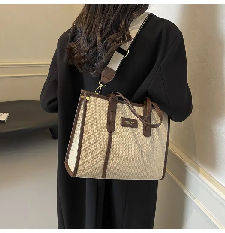 Women's Large Canvas Shoulder Crossbody Bag Beige Black — feature 33