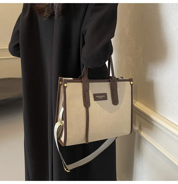 Women's Large Canvas Shoulder Crossbody Bag Beige Black — feature 35