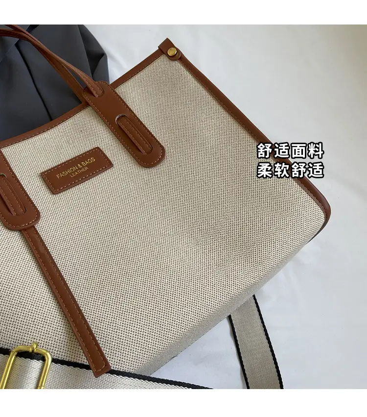 Women's Large Canvas Shoulder Crossbody Bag Beige Black — feature 4