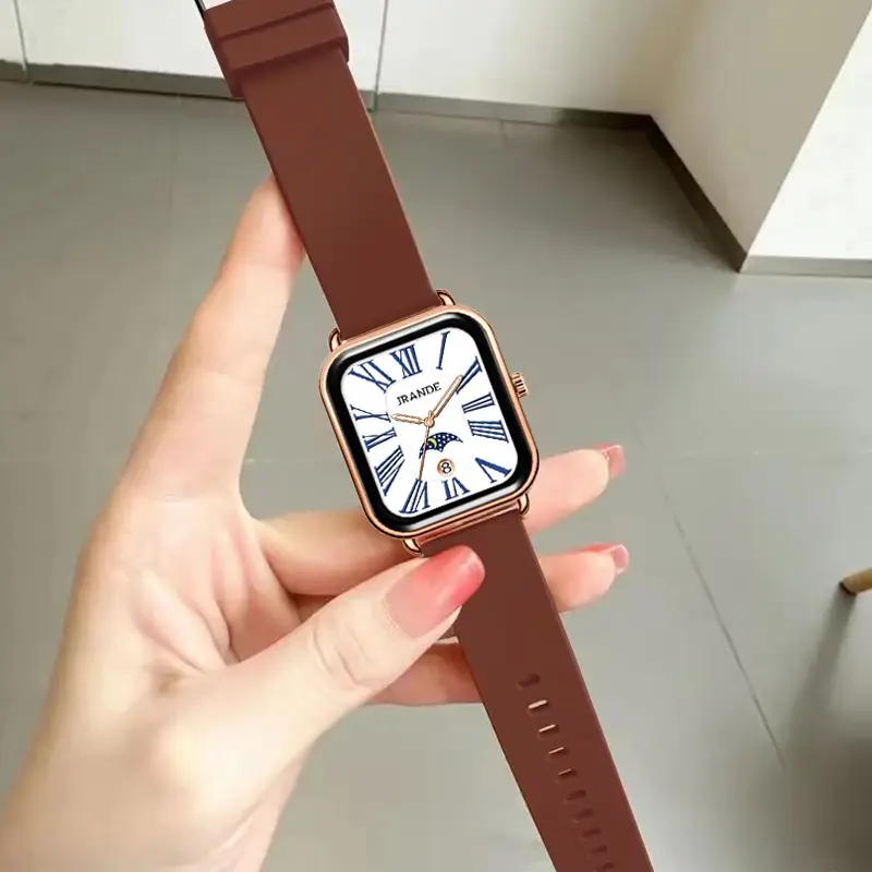 Square Watch Brown Silicone Band Unisex - Image 5