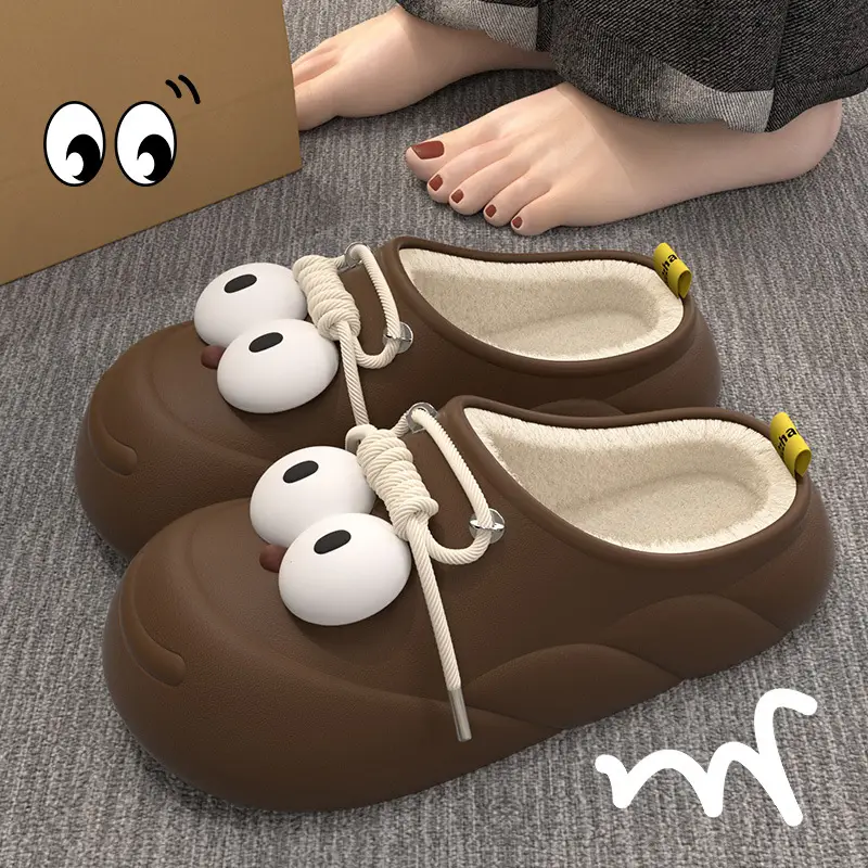 Cartoon Big-eyed Cave Shoes Women's Autumn and Winter Home Home Thick Sole Outer Wear Toe-covered Cotton Slippers to Keep Warm Feeling by Stepping on Feces — feature 8