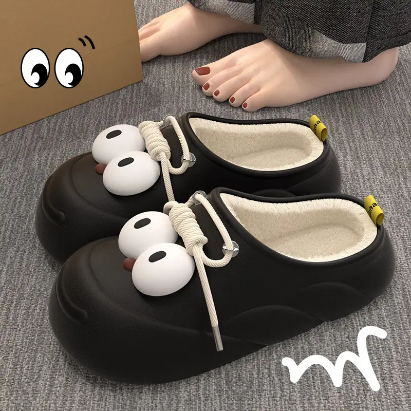 Cartoon Big-eyed Cave Shoes Women's Autumn and Winter Home Home Thick Sole Outer Wear Toe-covered Cotton Slippers to Keep Warm Feeling by Stepping on Feces - Image 2