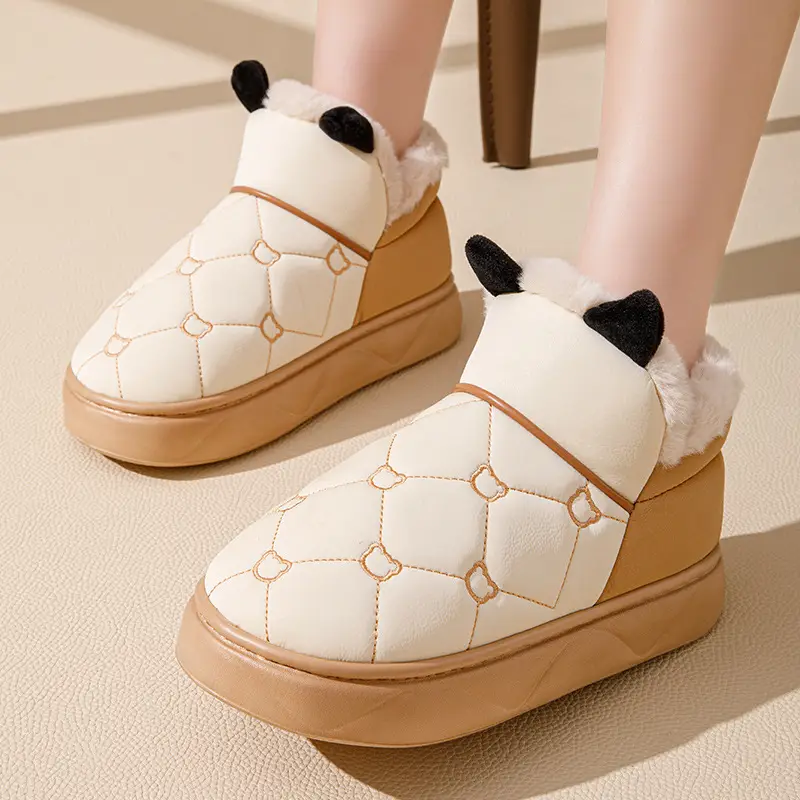 Cotton Slippers with Heel for Men and Women Winter New Arrival Leather Waterproof Non-Slip Thick Sole Home fleece-lined Thick Cotton Shoes for Couple - Image 6