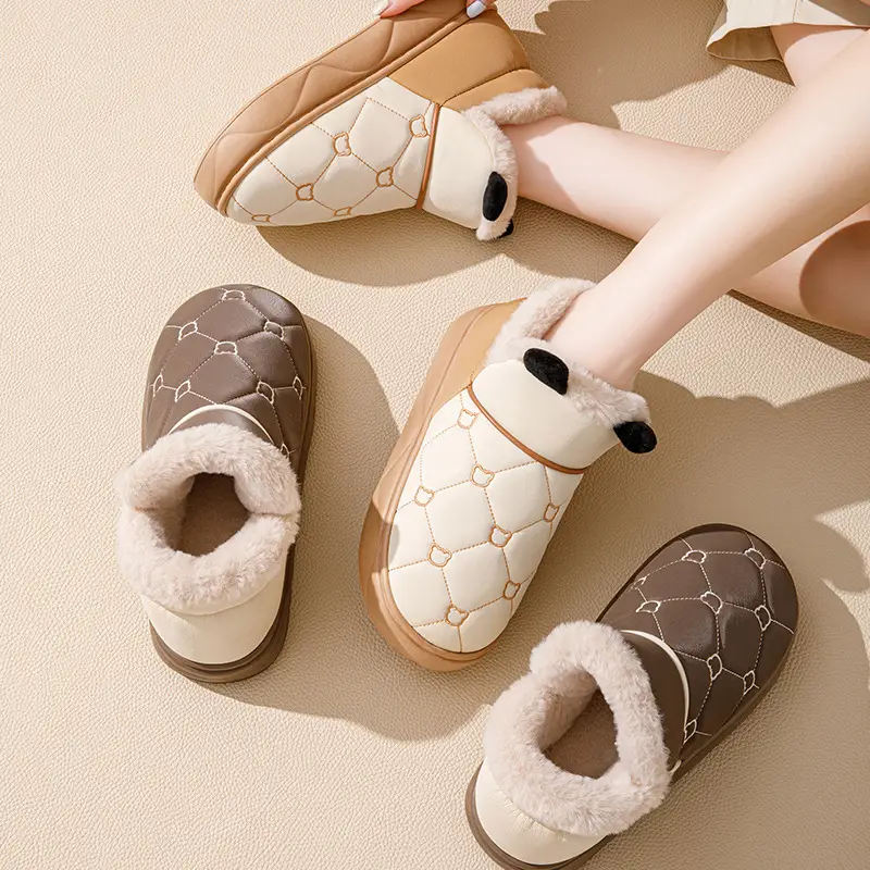 Cotton Slippers with Heel for Men and Women Winter New Arrival Leather Waterproof Non-Slip Thick Sole Home fleece-lined Thick Cotton Shoes for Couple - Image 7