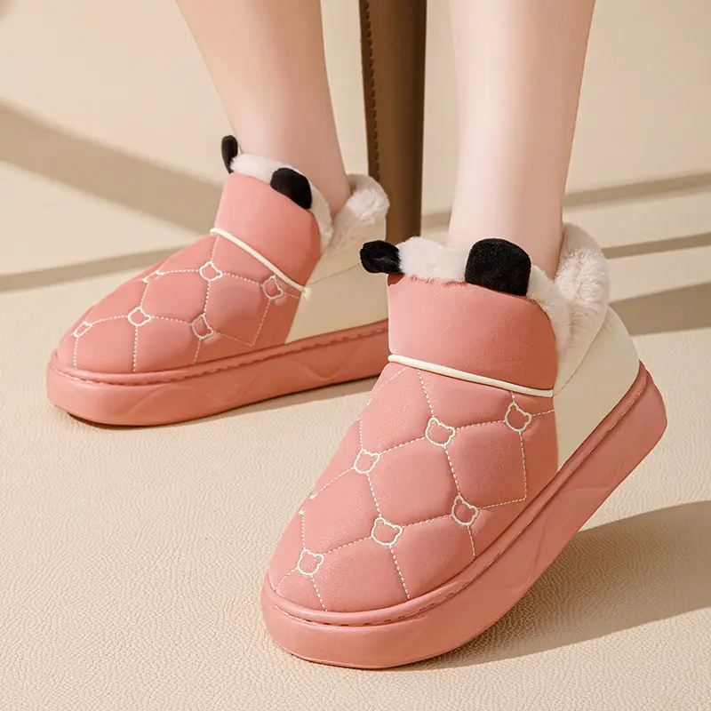 Cotton Slippers with Heel for Men and Women Winter New Arrival Leather Waterproof Non-Slip Thick Sole Home fleece-lined Thick Cotton Shoes for Couple - Image 8