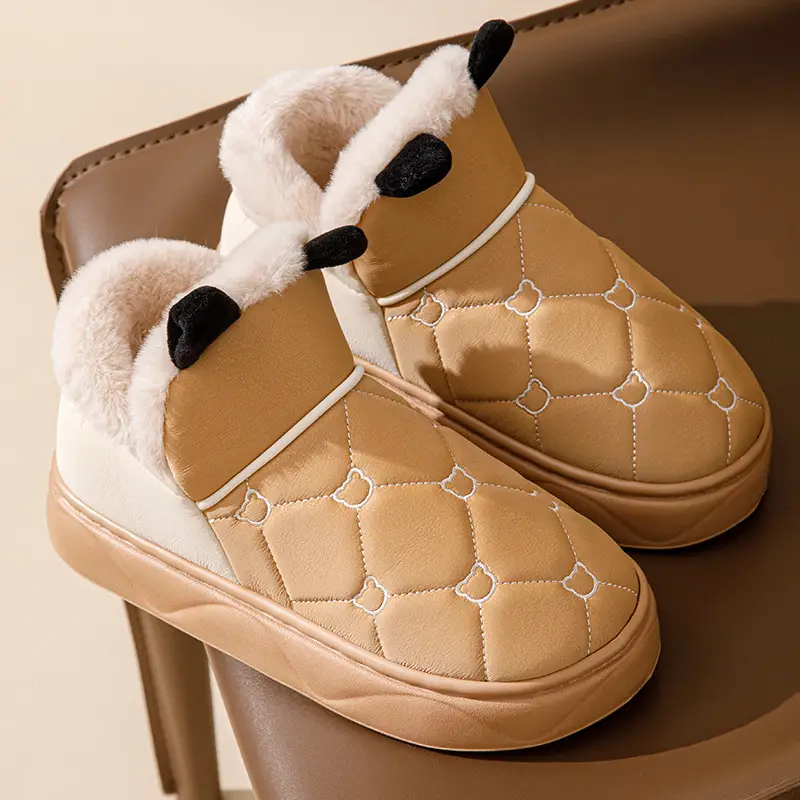 Cotton Slippers with Heel for Men and Women Winter New Arrival Leather Waterproof Non-Slip Thick Sole Home fleece-lined Thick Cotton Shoes for Couple - Image 9