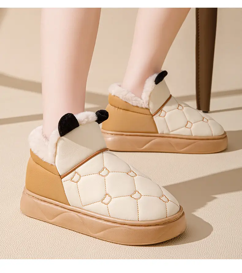 Cotton Slippers with Heel for Men and Women Winter New Arrival Leather Waterproof Non-Slip Thick Sole Home fleece-lined Thick Cotton Shoes for Couple — feature 14