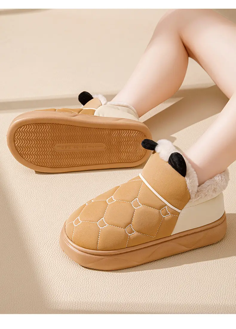 Cotton Slippers with Heel for Men and Women Winter New Arrival Leather Waterproof Non-Slip Thick Sole Home fleece-lined Thick Cotton Shoes for Couple — feature 17