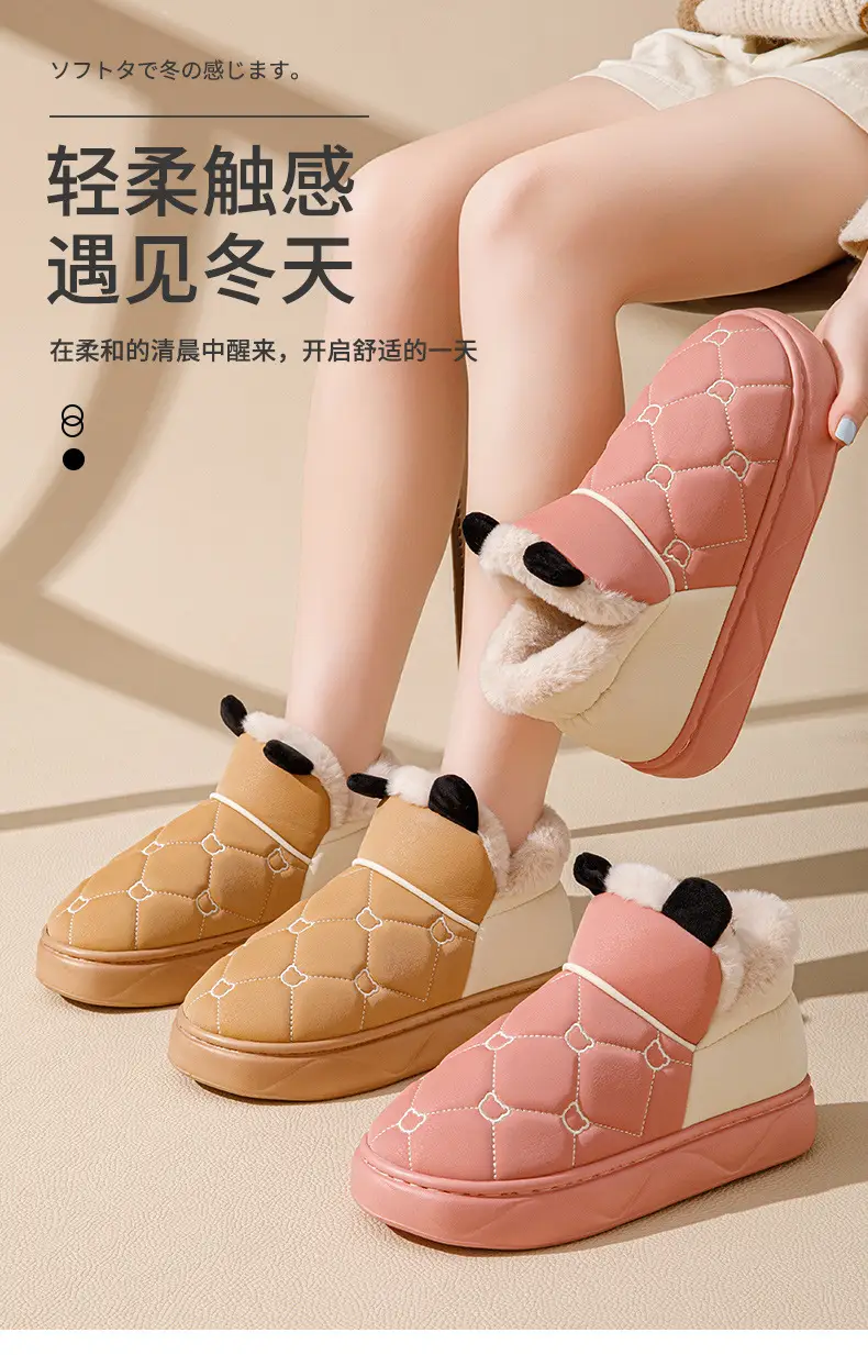Cotton Slippers with Heel for Men and Women Winter New Arrival Leather Waterproof Non-Slip Thick Sole Home fleece-lined Thick Cotton Shoes for Couple — feature 2