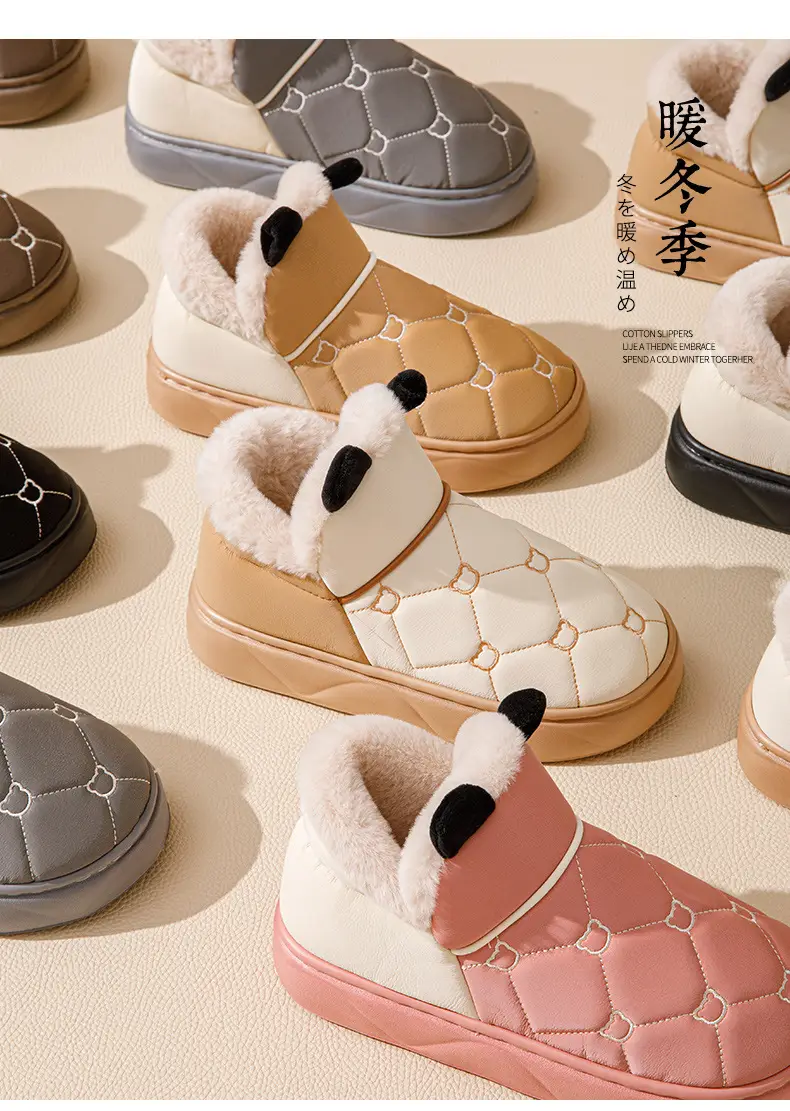 Cotton Slippers with Heel for Men and Women Winter New Arrival Leather Waterproof Non-Slip Thick Sole Home fleece-lined Thick Cotton Shoes for Couple — feature 4