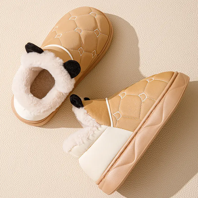 Cotton Slippers with Heel for Men and Women Winter New Arrival Leather Waterproof Non-Slip Thick Sole Home fleece-lined Thick Cotton Shoes for Couple - Image 2