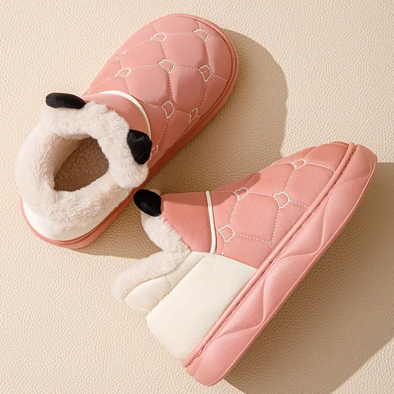 Cotton Slippers with Heel for Men and Women Winter New Arrival Leather Waterproof Non-Slip Thick Sole Home fleece-lined Thick Cotton Shoes for Couple - Image 3