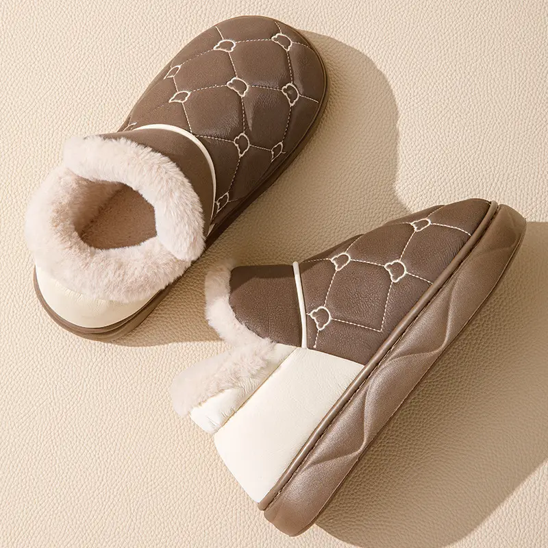 Cotton Slippers with Heel for Men and Women Winter New Arrival Leather Waterproof Non-Slip Thick Sole Home fleece-lined Thick Cotton Shoes for Couple - Image 4