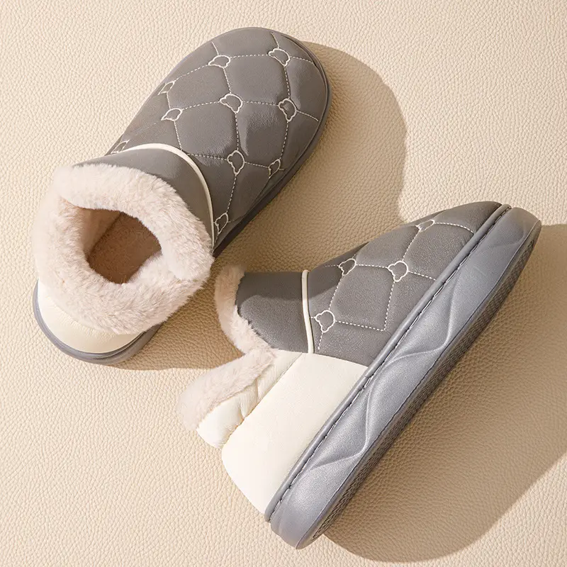 Cotton Slippers with Heel for Men and Women Winter New Arrival Leather Waterproof Non-Slip Thick Sole Home fleece-lined Thick Cotton Shoes for Couple - Image 5