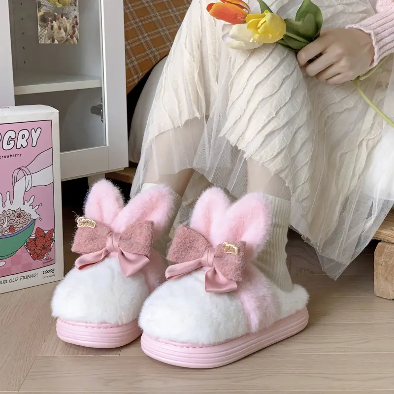 Soft Cute Rabbit Ear Cotton Slippers Women's Winter fleece-lined Warm Home Indoor Cute Internet Popular Student Dormitory Maomao Slippers - Image 6