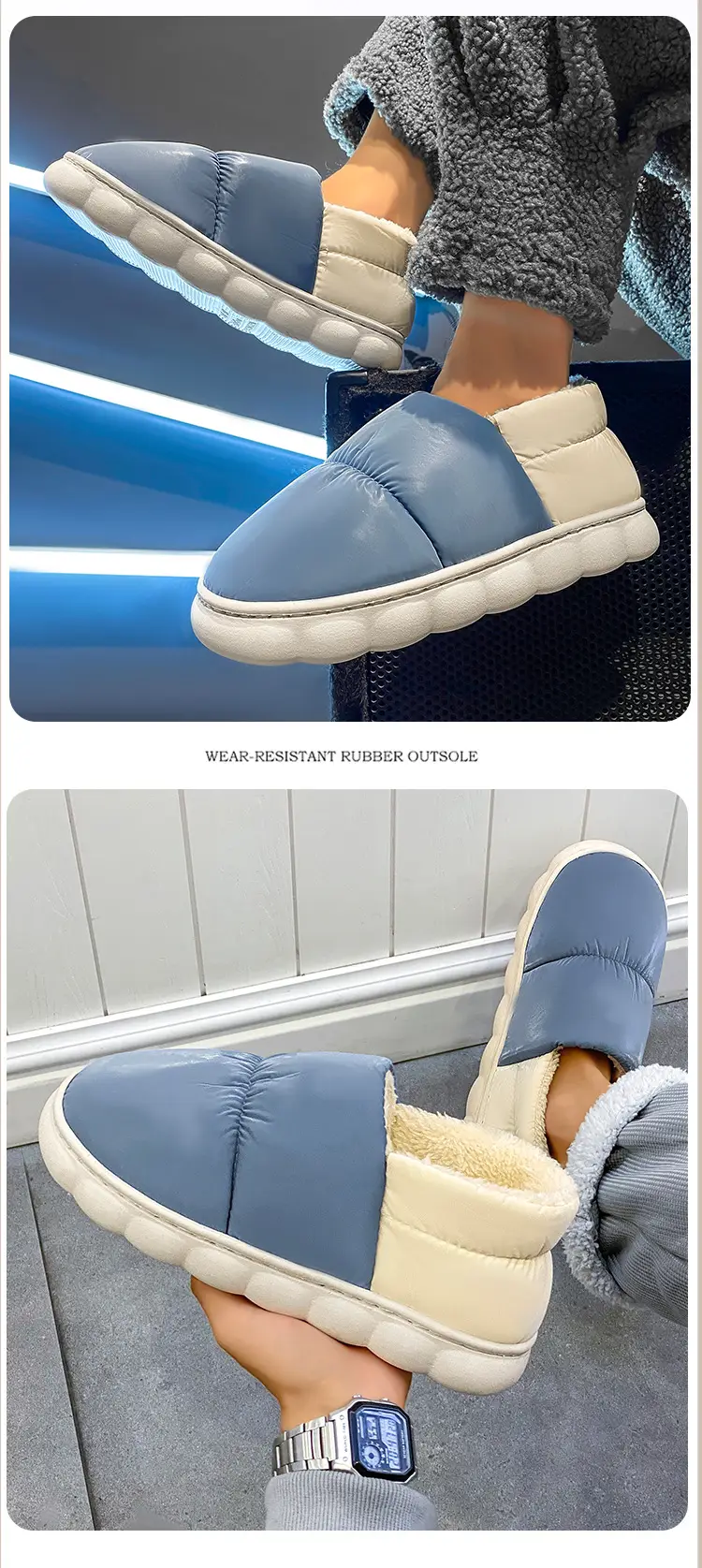 Winter Cotton Puffer Slippers Blue Warm Indoor — feature 8