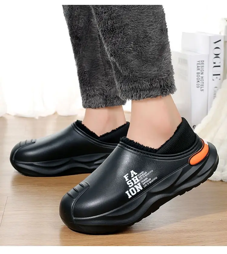 Outfit waterproof cotton slippers men's autumn and winter new indoor warm fleece-lined non-slip thick-soled woolen cotton shoes for men — feature 10