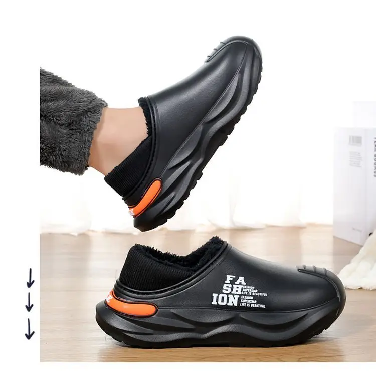 Outfit waterproof cotton slippers men's autumn and winter new indoor warm fleece-lined non-slip thick-soled woolen cotton shoes for men — feature 11