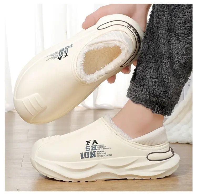 Outfit waterproof cotton slippers men's autumn and winter new indoor warm fleece-lined non-slip thick-soled woolen cotton shoes for men — feature 19