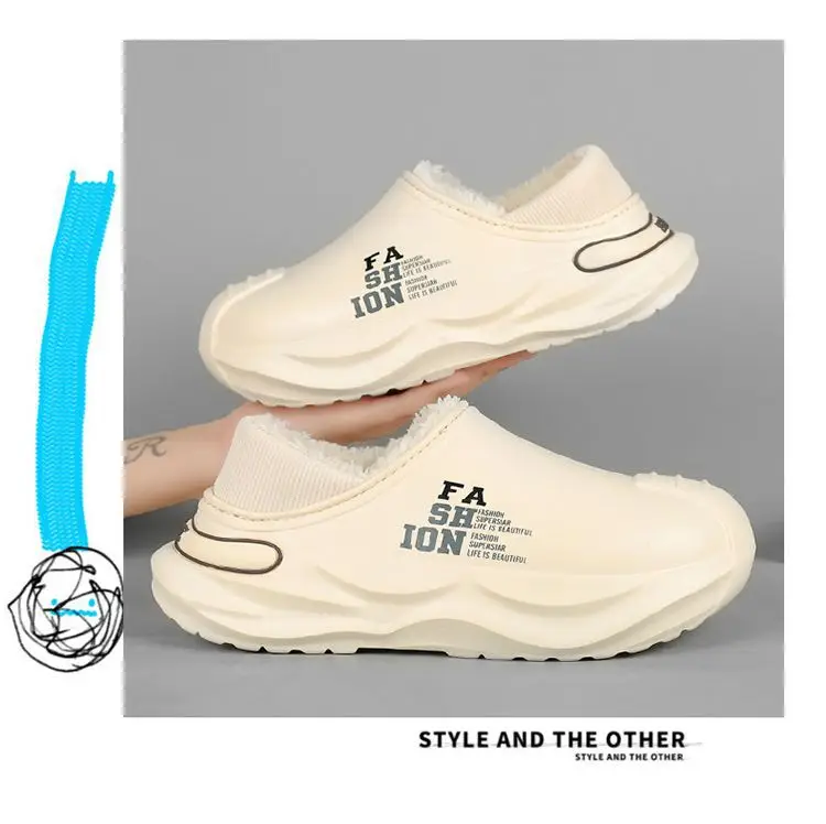 Outfit waterproof cotton slippers men's autumn and winter new indoor warm fleece-lined non-slip thick-soled woolen cotton shoes for men — feature 5