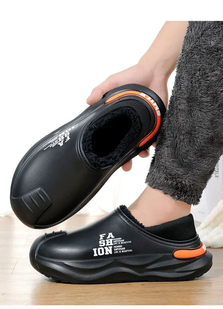 Outfit waterproof cotton slippers men's autumn and winter new indoor warm fleece-lined non-slip thick-soled woolen cotton shoes for men — feature 6
