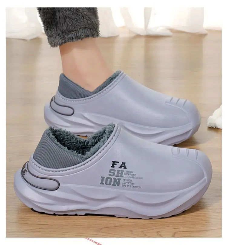 Outfit waterproof cotton slippers men's autumn and winter new indoor warm fleece-lined non-slip thick-soled woolen cotton shoes for men — feature 7