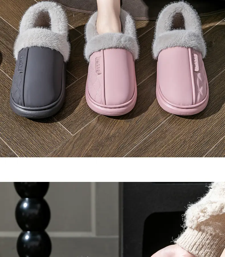 Thick-soled all-inclusive cotton slippers waterproof stain-resistant non-slip women's winter fleece-lined warm leather cotton shoes for home wear — feature 20